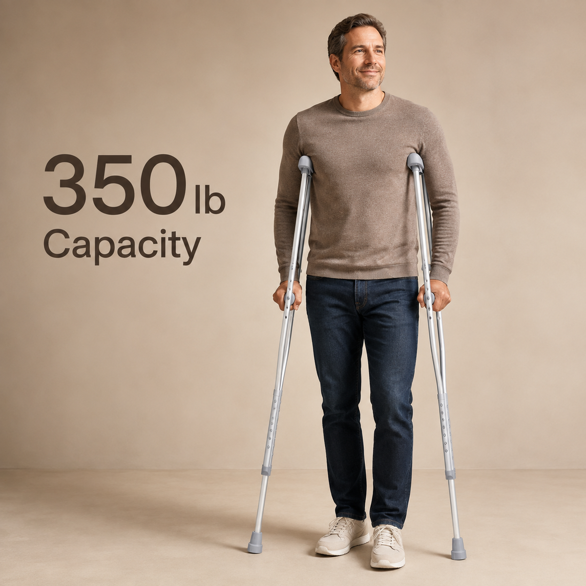 Adult man standing with DeepTireh DT-M002 adjustable underarm crutches with a 350 lb user capacity