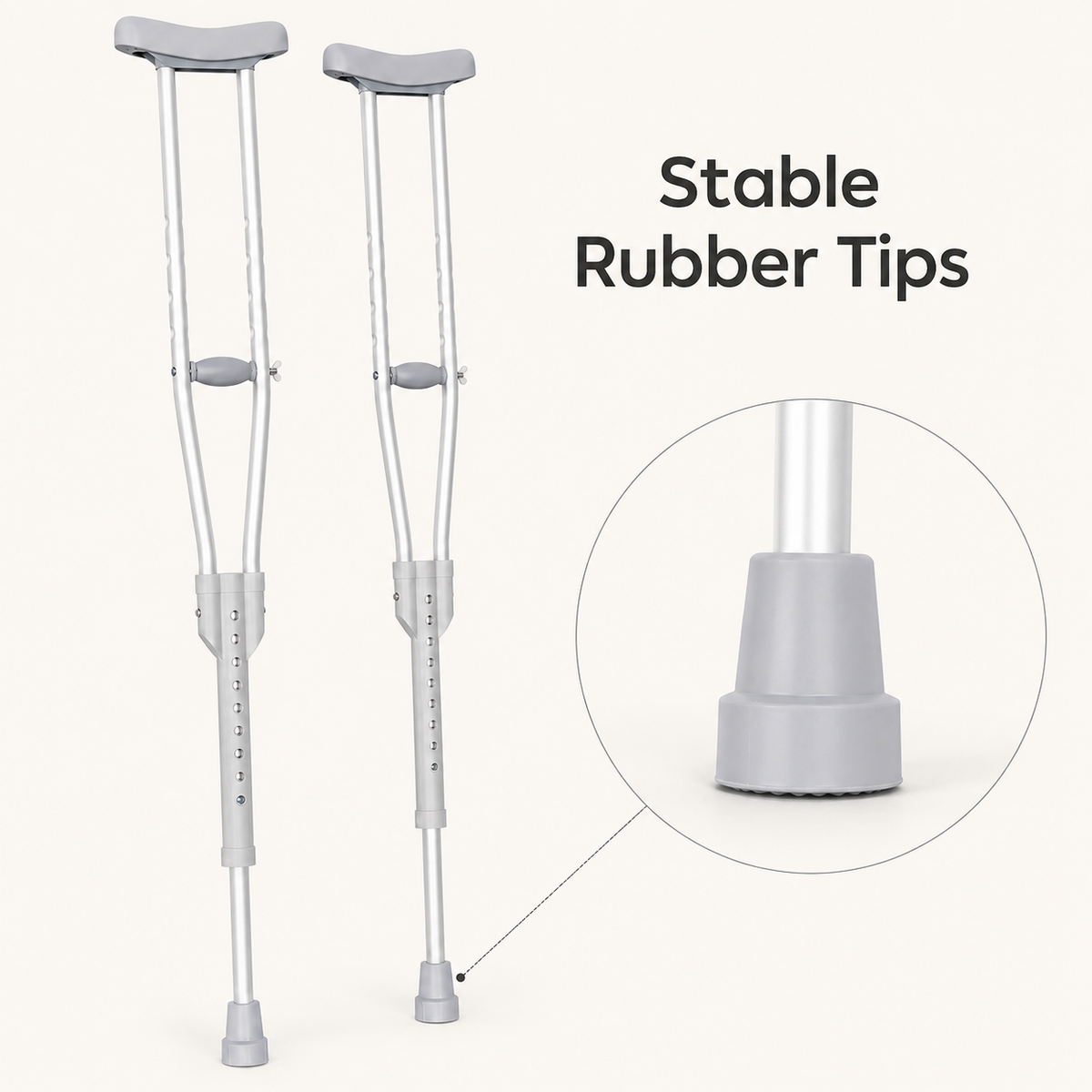 DeepTireh DT-M002 underarm crutches with a close-up of a gray rubber tip
