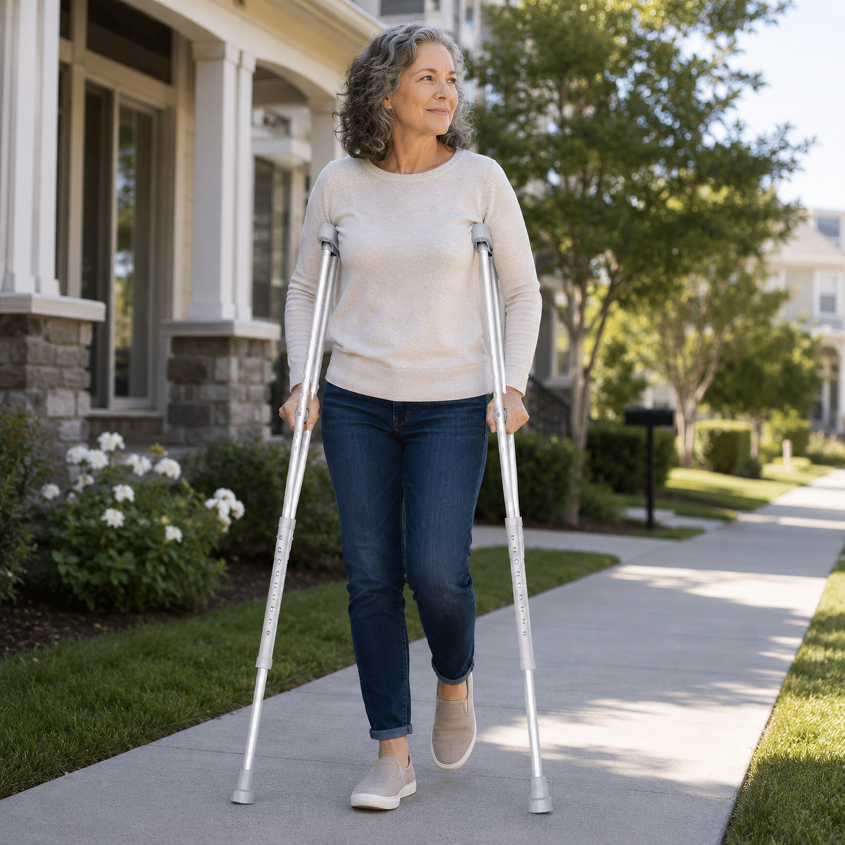 Woman using DeepTireh DT-M002 adjustable underarm crutches on a dry residential sidewalk