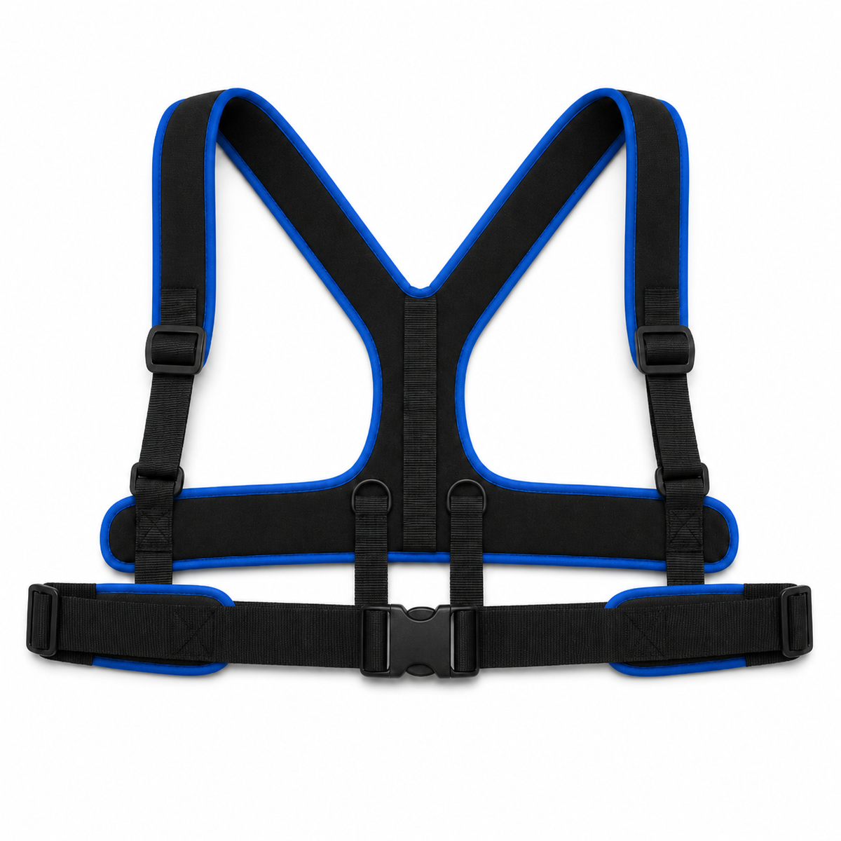 DeepTireh DT-A003 black adjustable wheelchair positioning harness with blue binding, padded shoulder panels, waist strap, and front buckle
