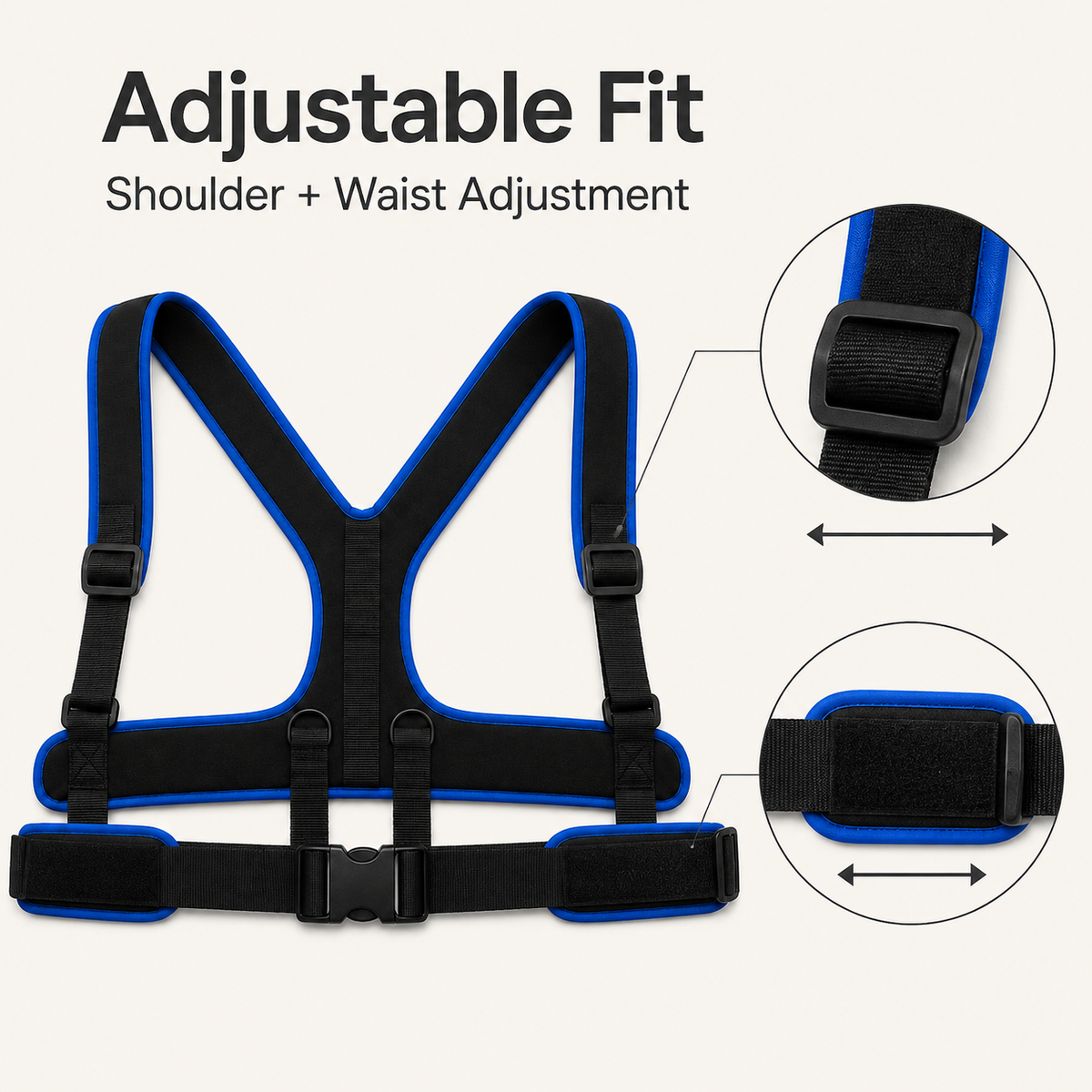 DeepTireh DT-A003 wheelchair positioning harness with close-up views of the adjustable shoulder buckles and hook-and-loop waist straps