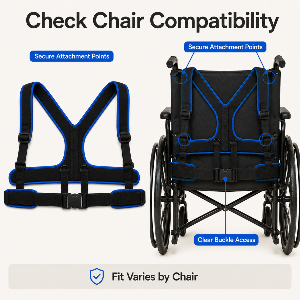 DeepTireh DT-A003 positioning harness beside a compatible manual wheelchair with highlighted frame attachment points and clear front buckle access