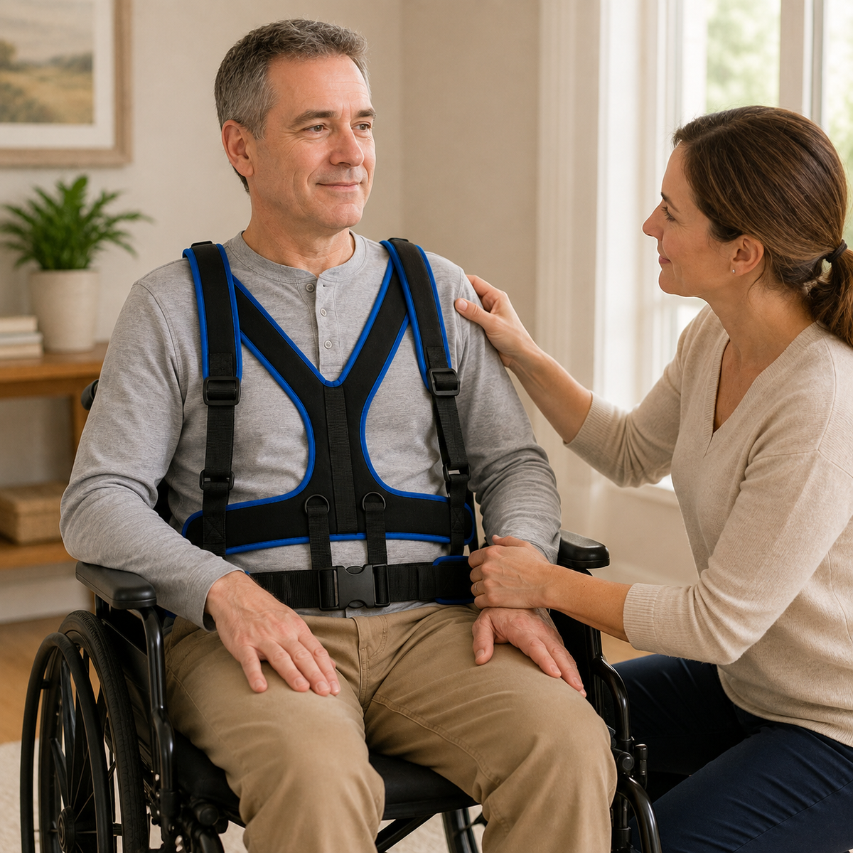 Caregiver checking the fit of the DeepTireh DT-A003 positioning harness on a man seated in a wheelchair at home