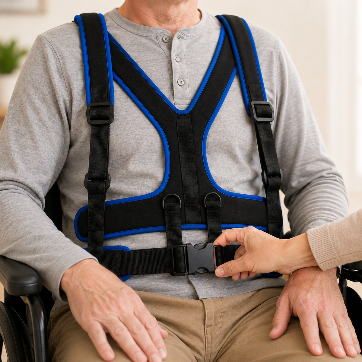 Caregiver checking the front buckle of the DeepTireh DT-A003 positioning harness worn by a man seated in a wheelchair