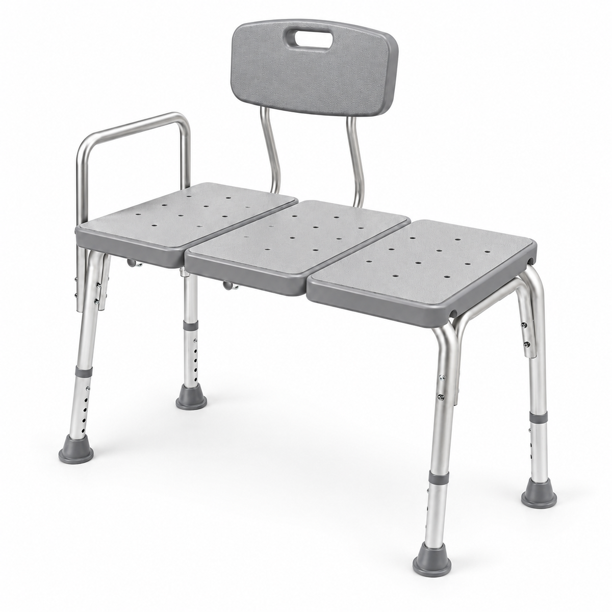 DeepTireh DT-B004 bathtub transfer bench with three-panel seat, backrest, side handle, adjustable legs, and rubber feet