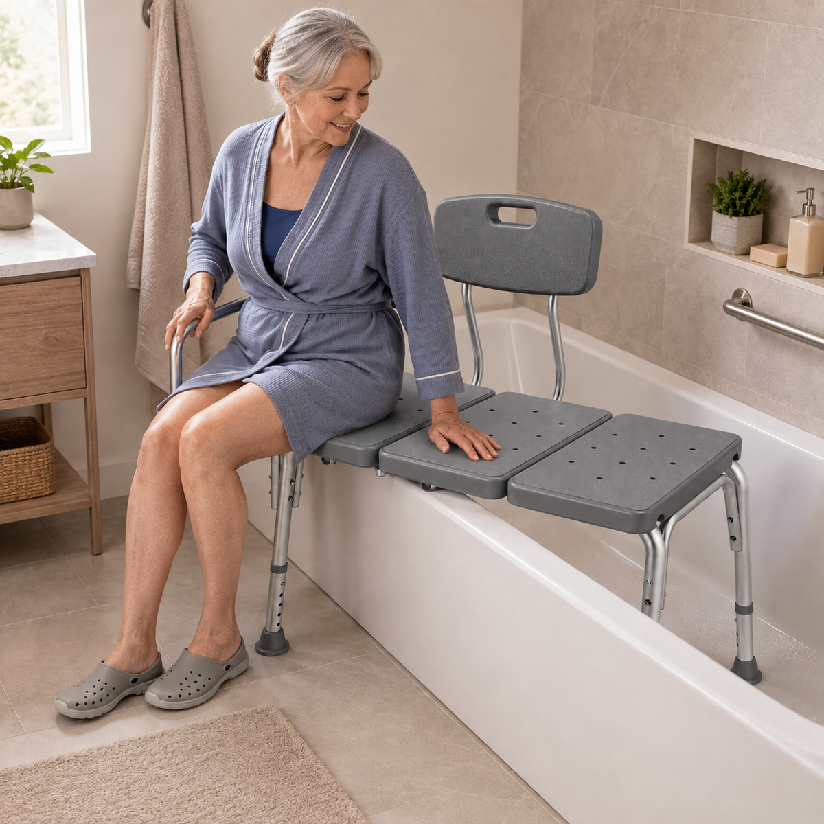 Older woman seated on the DeepTireh DT-B004 bathtub transfer bench positioned across a bathtub