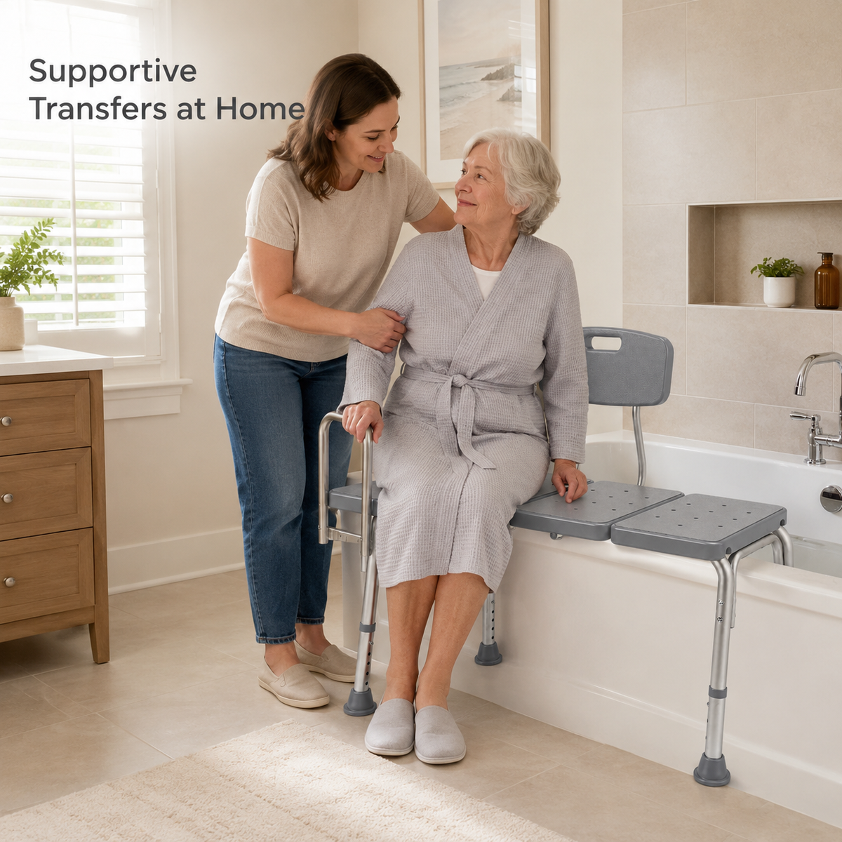 Caregiver assisting an older woman seated on the DeepTireh DT-B004 bathtub transfer bench beside a tub