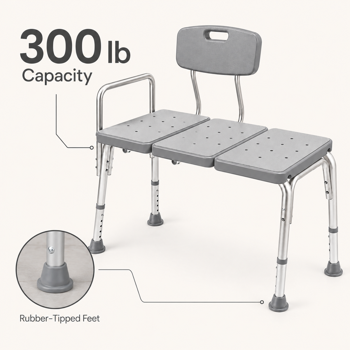 DeepTireh DT-B004 bathtub transfer bench with 300 lb capacity and rubber-tipped feet