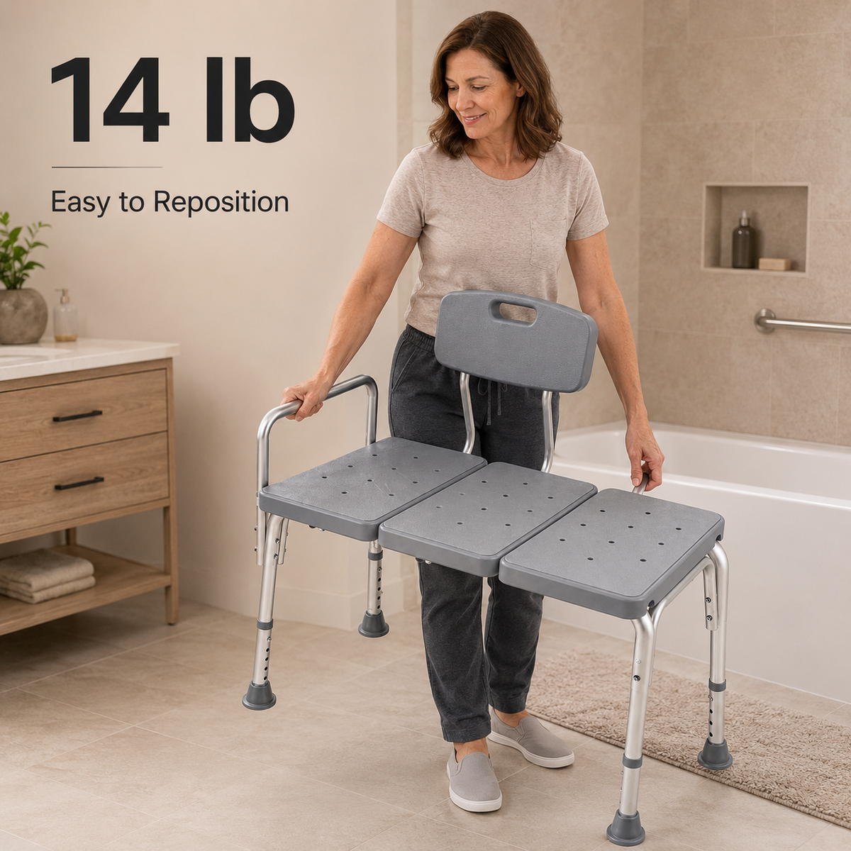 Woman repositioning the DeepTireh DT-B004 bathtub transfer bench, with 14 lb product weight shown