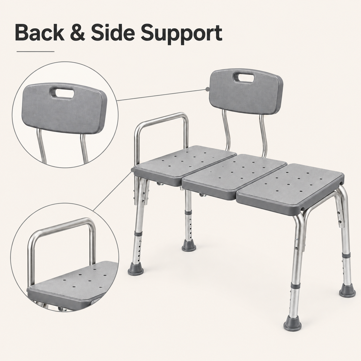 DeepTireh DT-B004 bathtub transfer bench with close-up views of the backrest and side support handle
