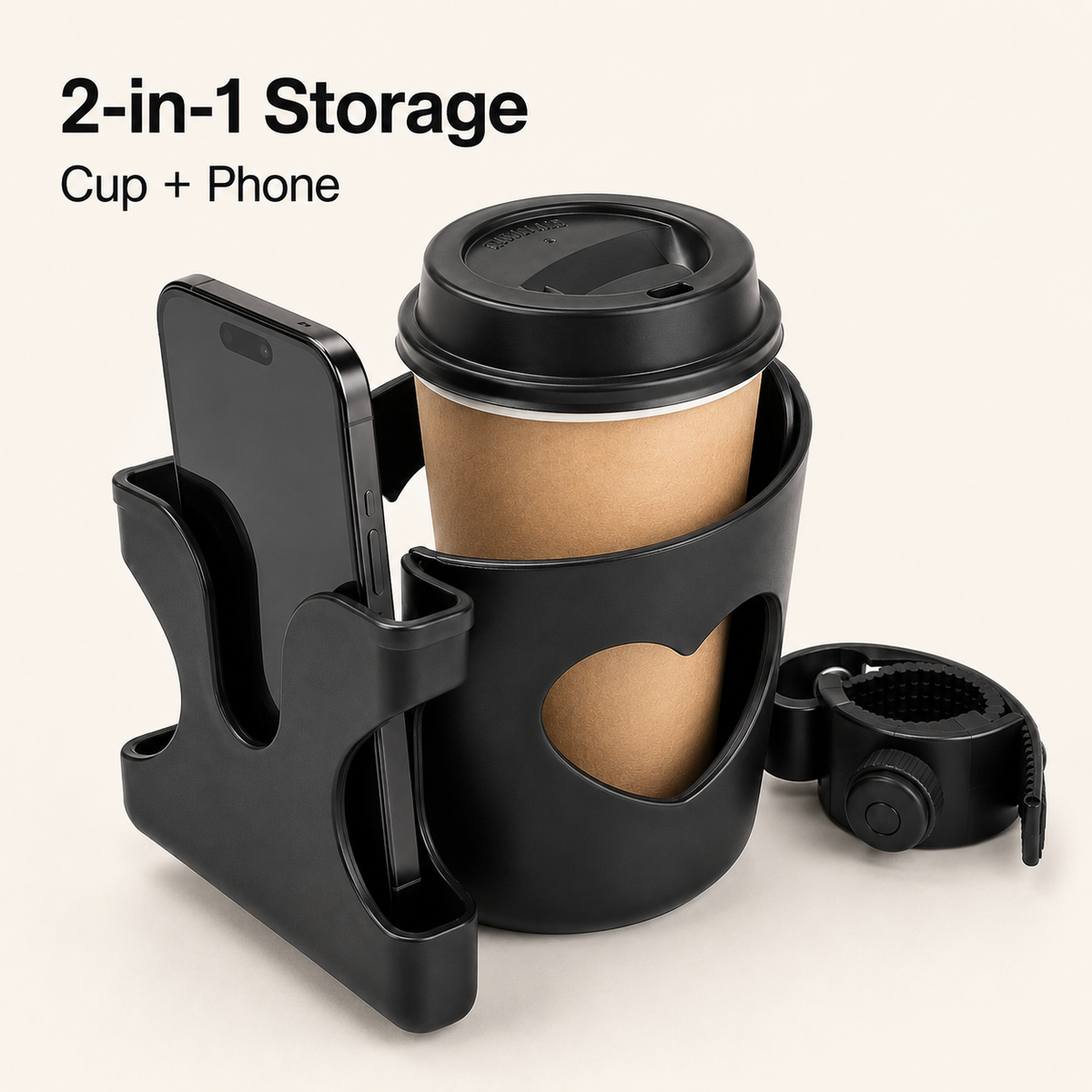 DeepTireh two-in-one holder with separate compartments for a takeaway cup and smartphone.