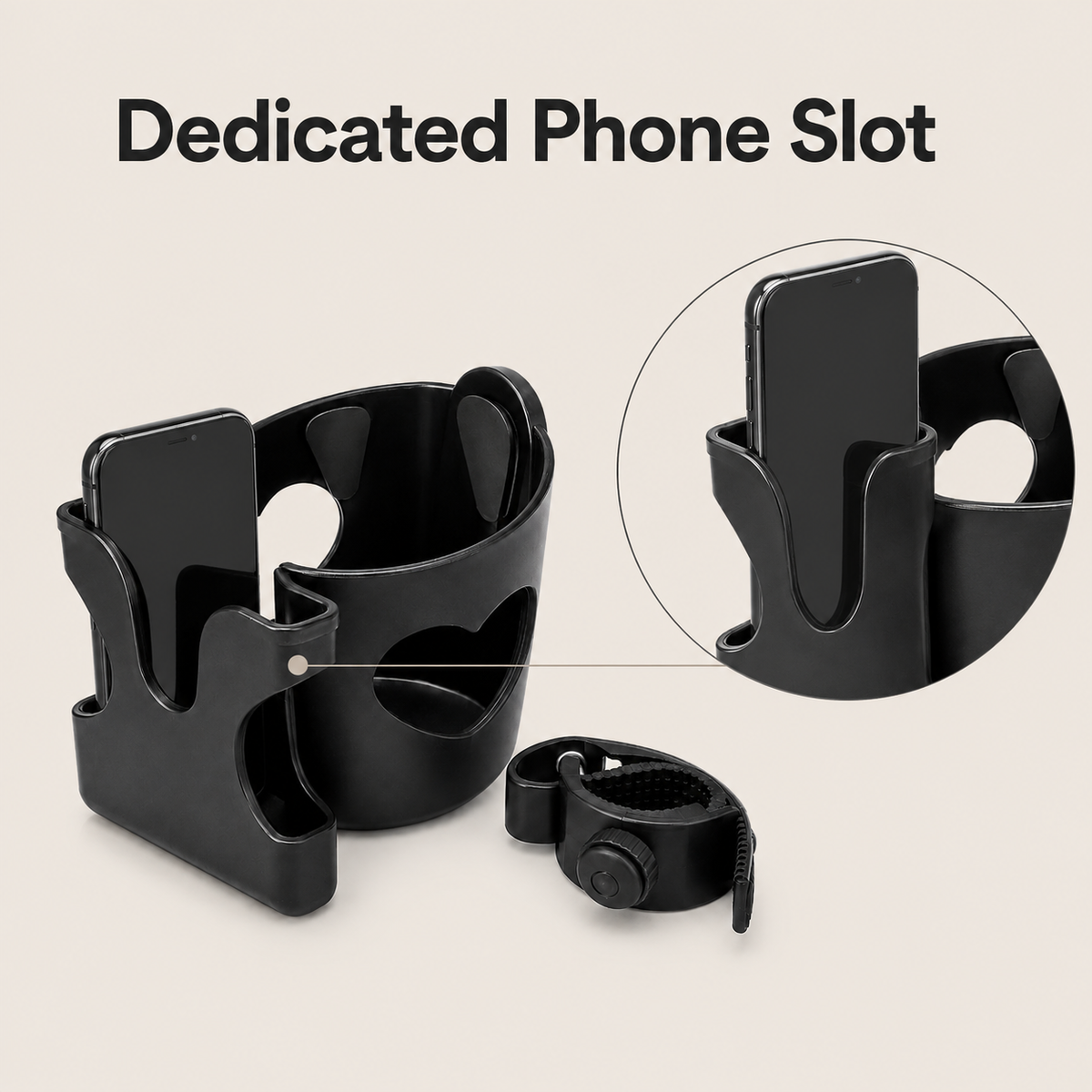 DeepTireh cup and phone holder showing the dedicated smartphone slot and a close-up of the phone compartment.