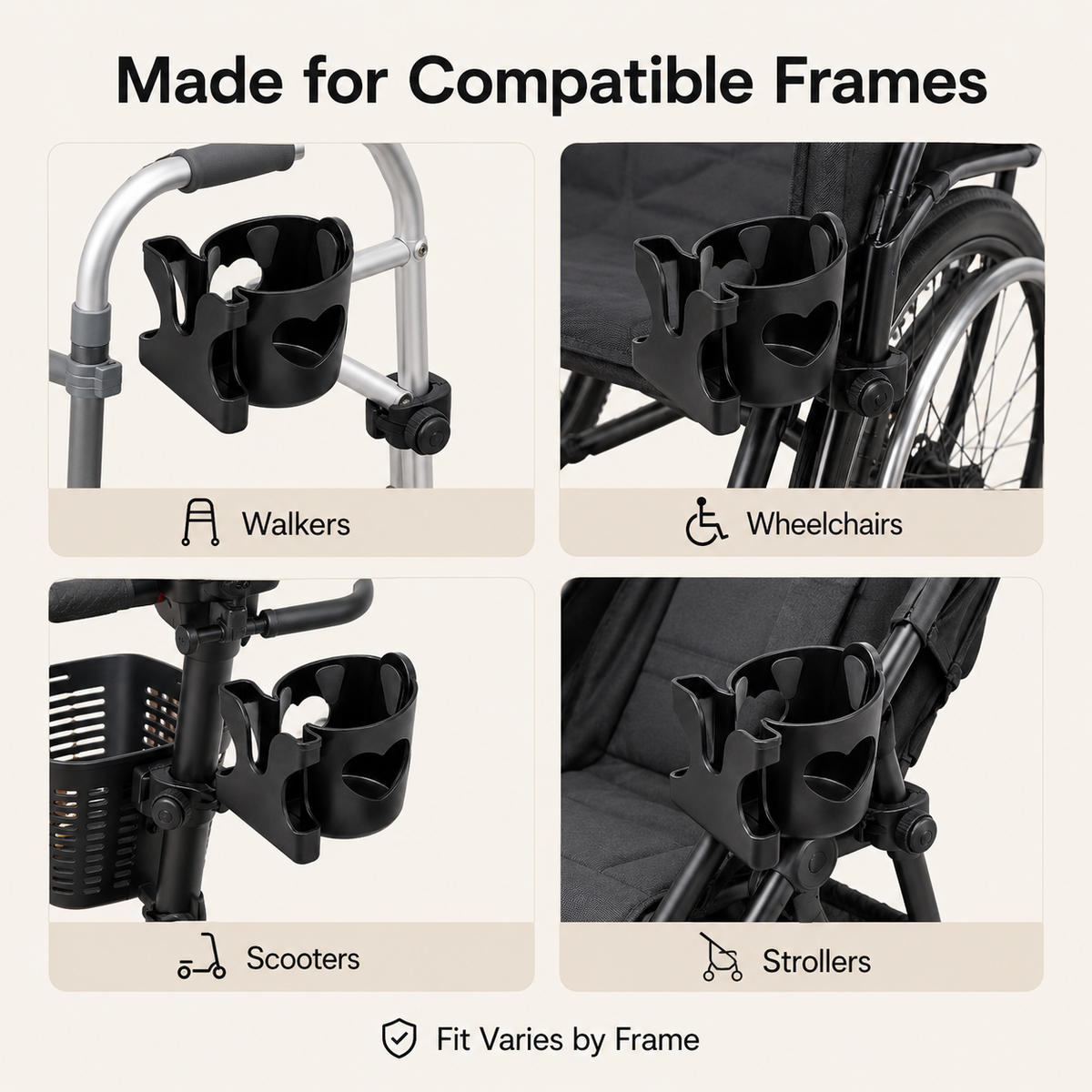 DeepTireh cup and phone holder mounted on walker, wheelchair, mobility scooter, and stroller frames.
