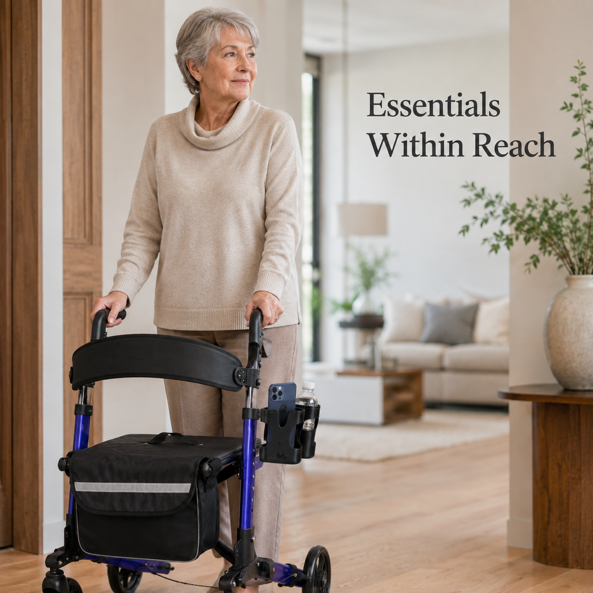 Woman using a rollator indoors with the DeepTireh holder carrying a smartphone and water bottle.