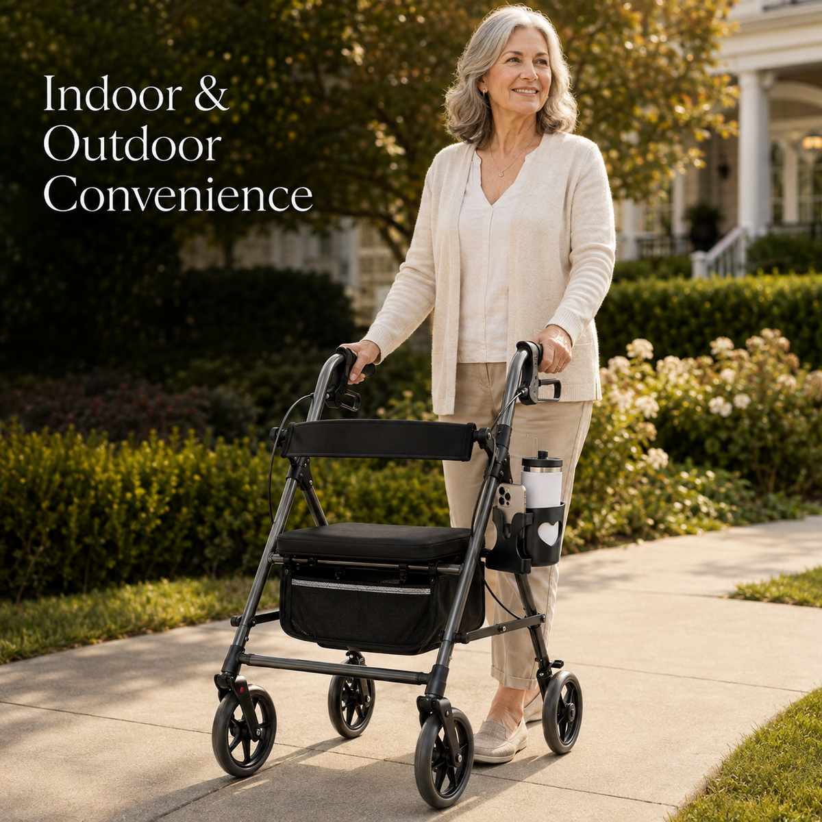 Woman walking outdoors with a rollator fitted with the DeepTireh holder carrying a travel cup and smartphone.
