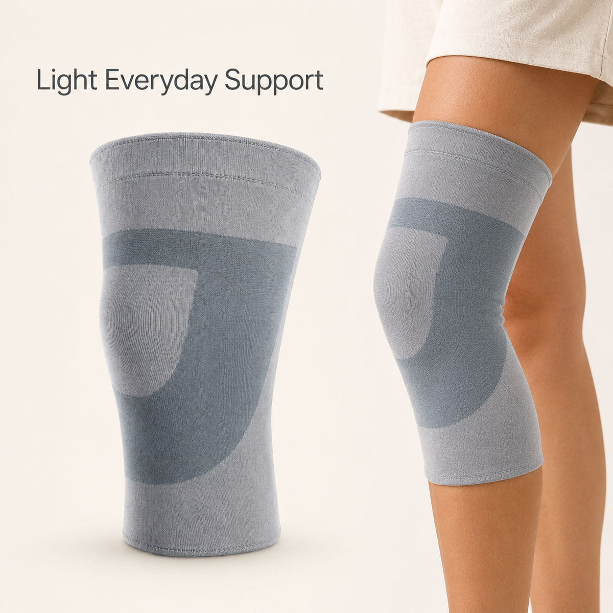 DeepTireh DT-A004 gray knee support sleeve shown alone and worn on an adult knee