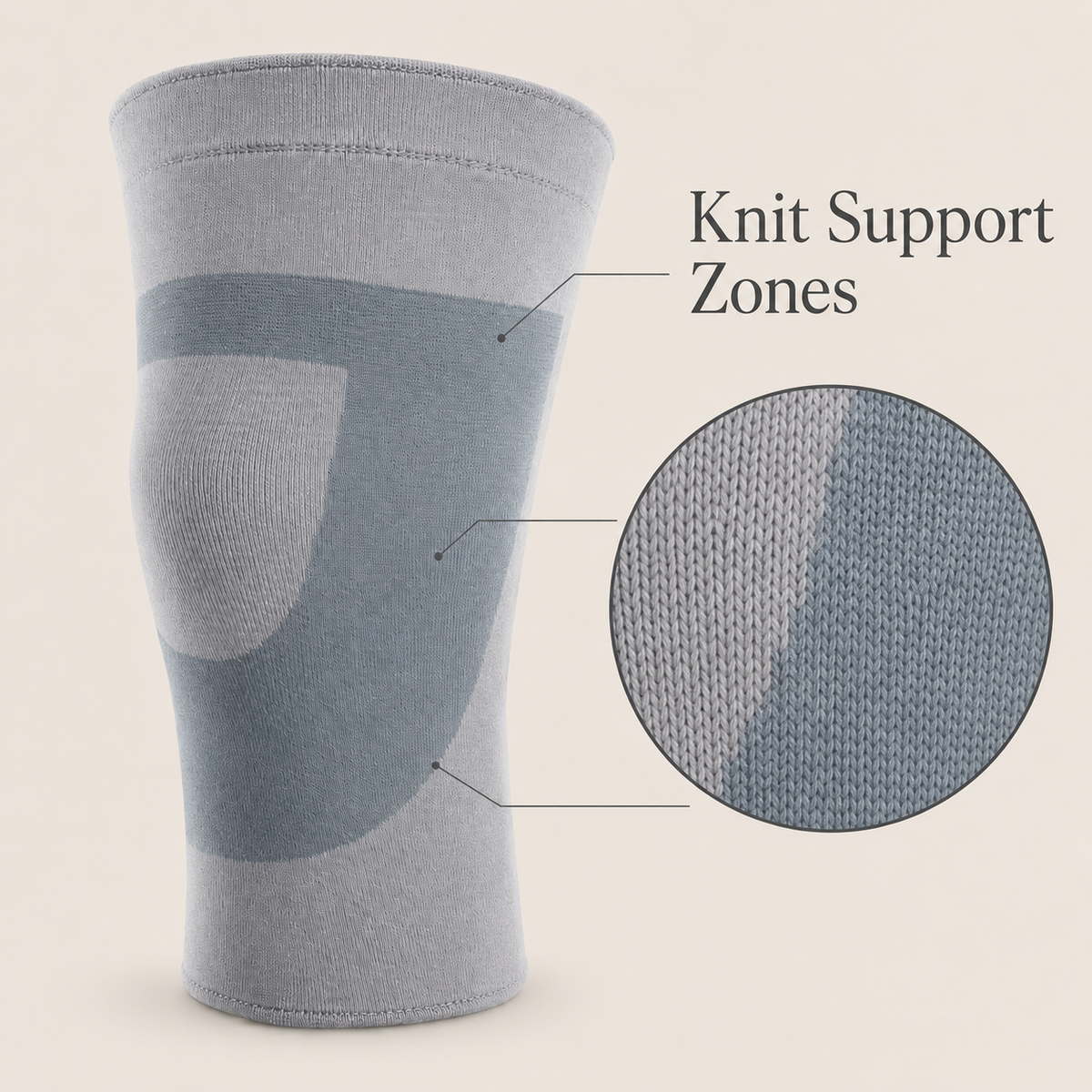 DeepTireh DT-A004 gray knee sleeve with a close-up view of the contrasting knit pattern around the knee