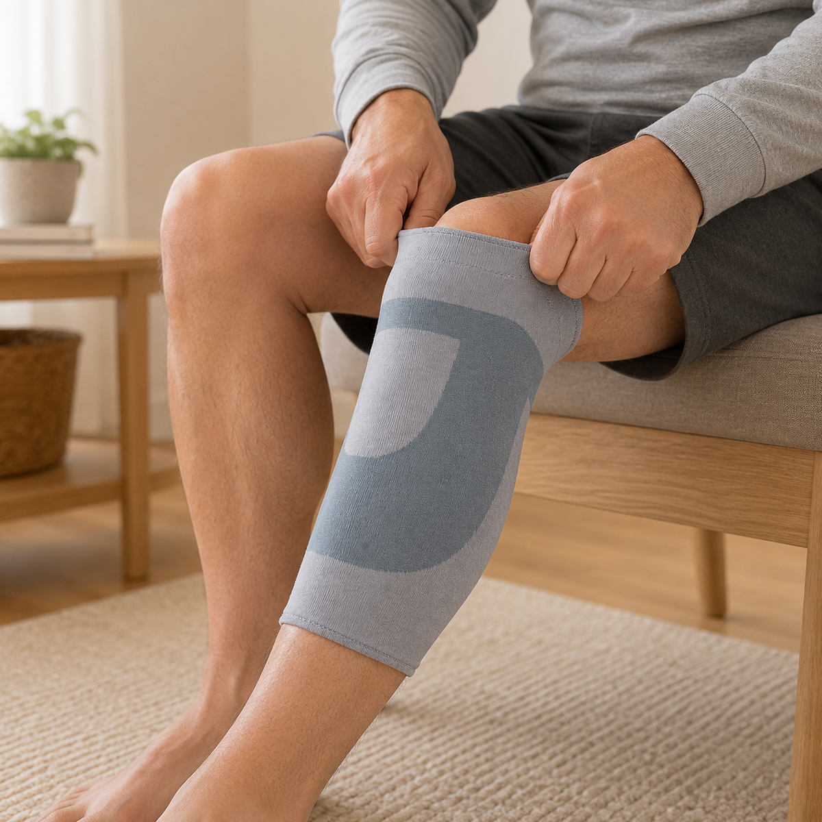 Adult seated at home pulling the DeepTireh DT-A004 knee support sleeve over the knee