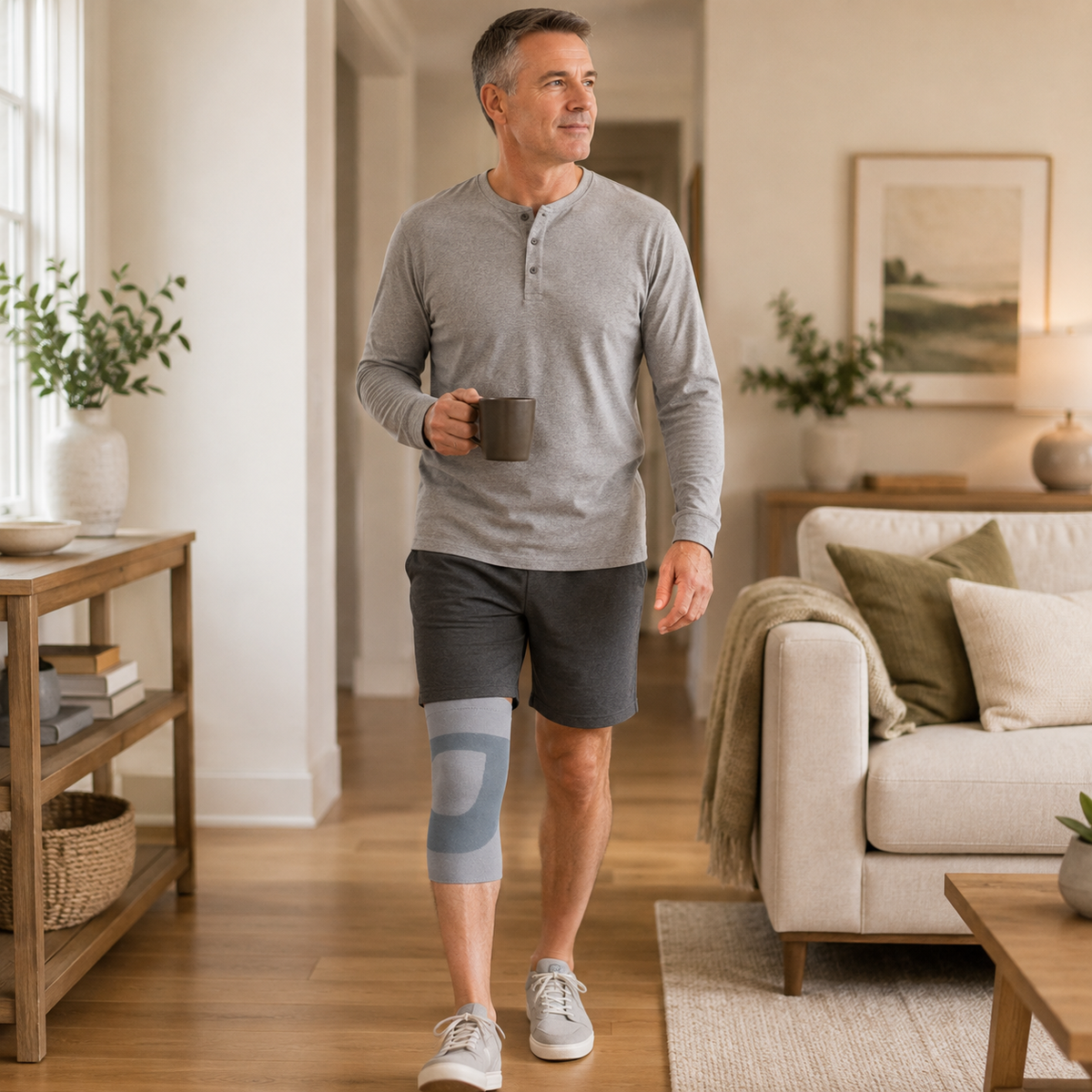Man wearing the DeepTireh DT-A004 knee support sleeve while walking inside a bright home