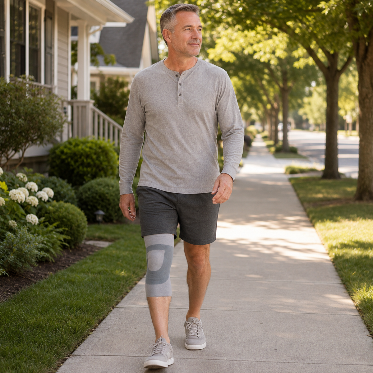 Man wearing the DeepTireh DT-A004 knee support sleeve while walking on a dry residential sidewalk