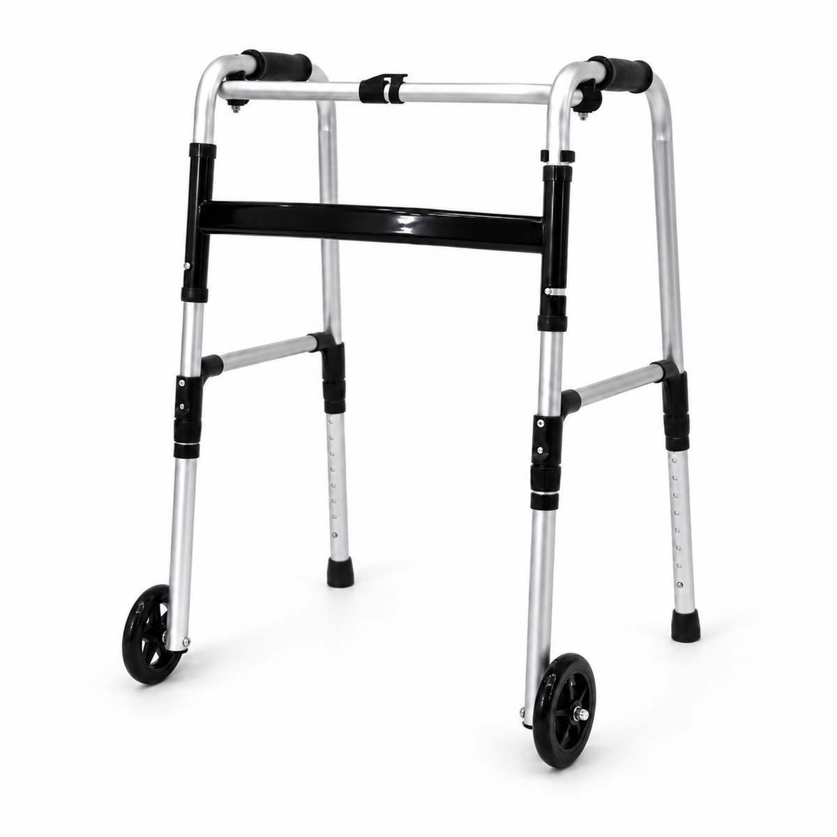 DeepTireh DT-M005 silver foldable 2-wheel walker with front wheels, rear rubber tips, and padded hand grips