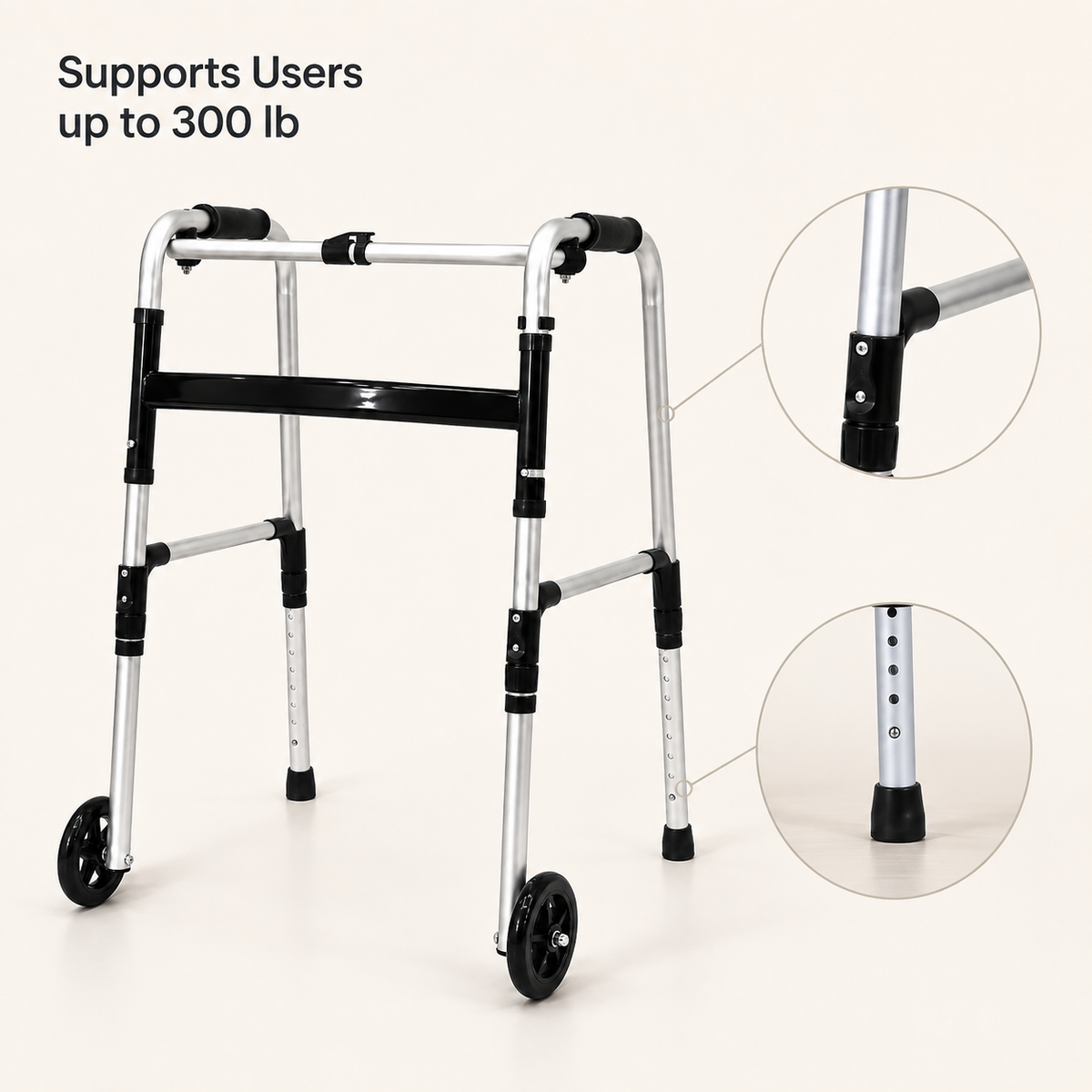 DeepTireh DT-M005 2-wheel walker with 300 lb capacity and close-up views of the frame joint and adjustable rear leg