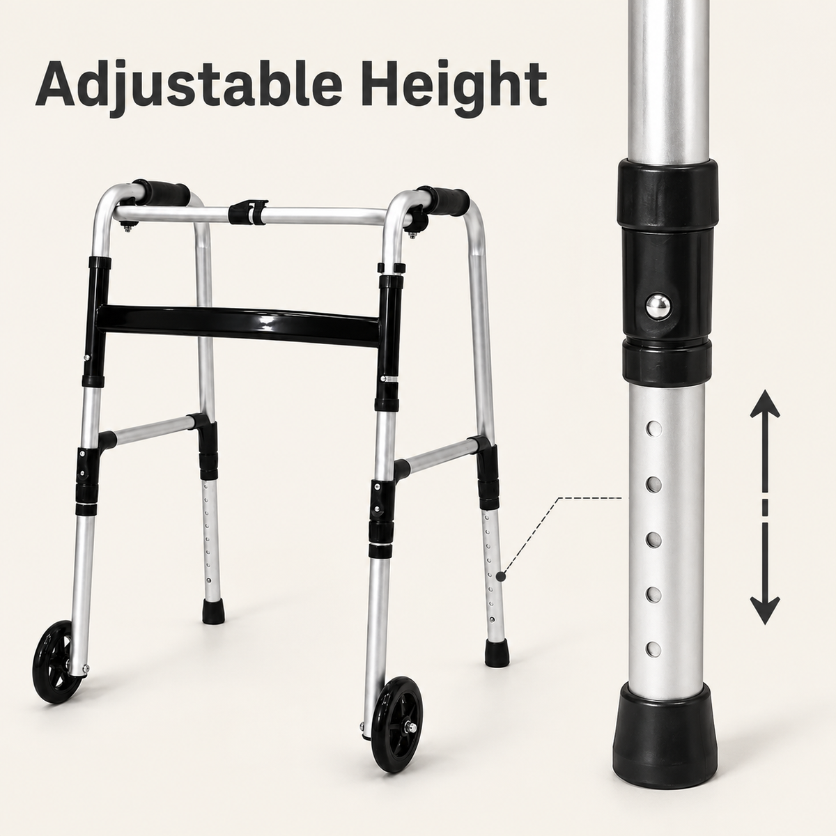 DeepTireh DT-M005 2-wheel walker with adjustable leg height and push-button adjustment detail