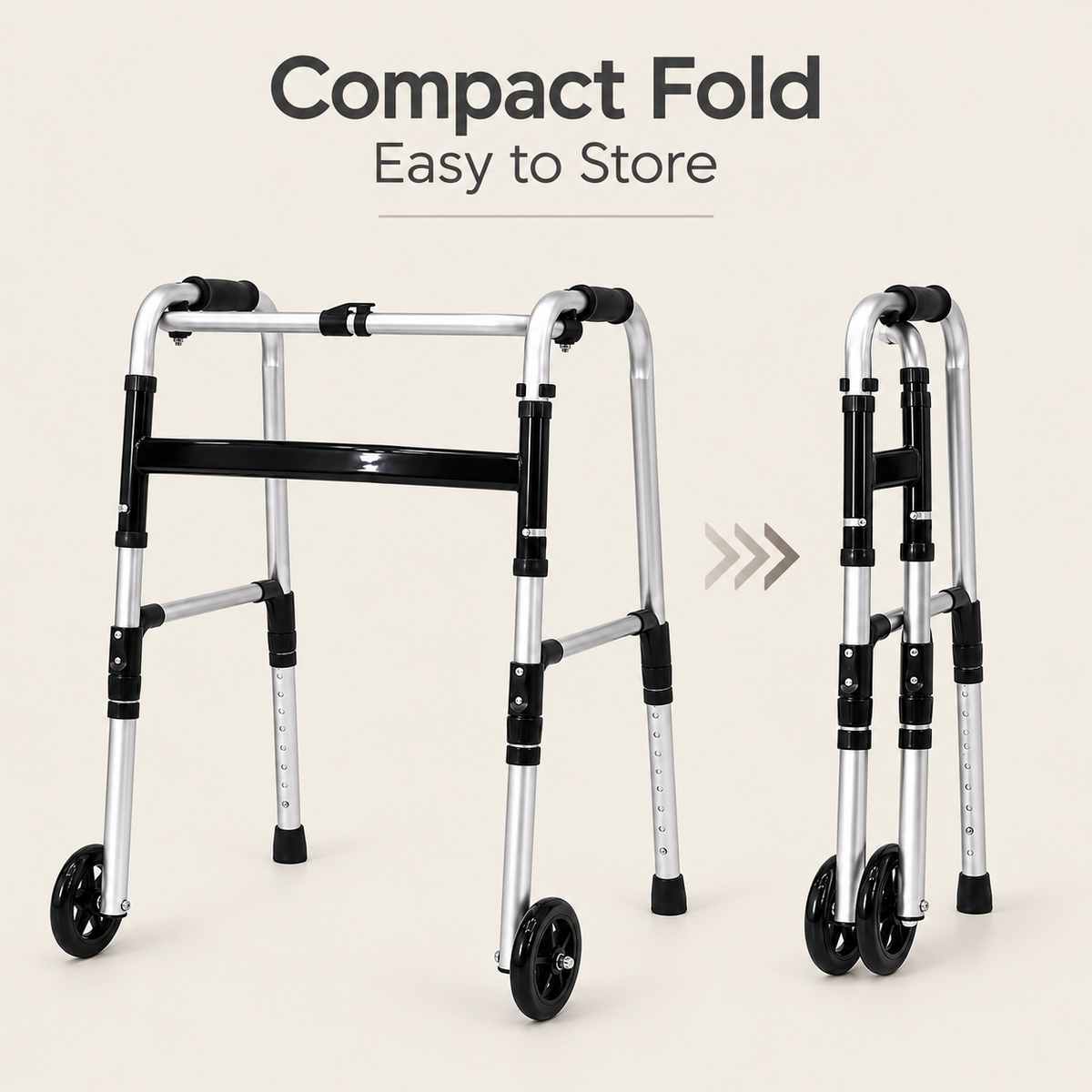DeepTireh DT-M005 2-wheel walker shown open and folded for compact storage