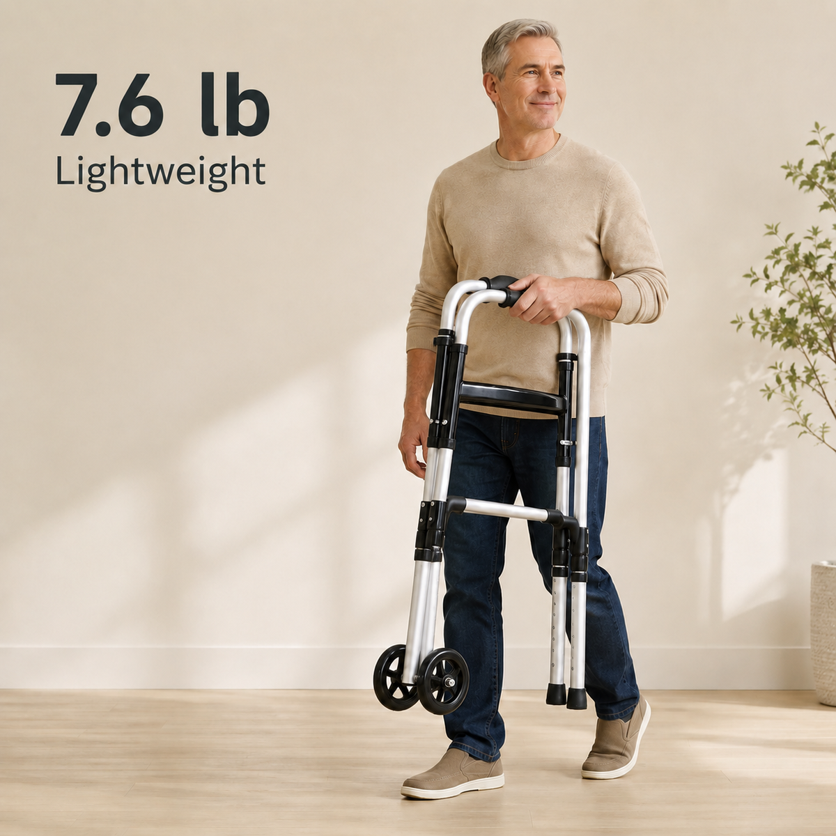 Older man carrying the folded DeepTireh DT-M005 2-wheel walker with 7.6 lb product weight shown