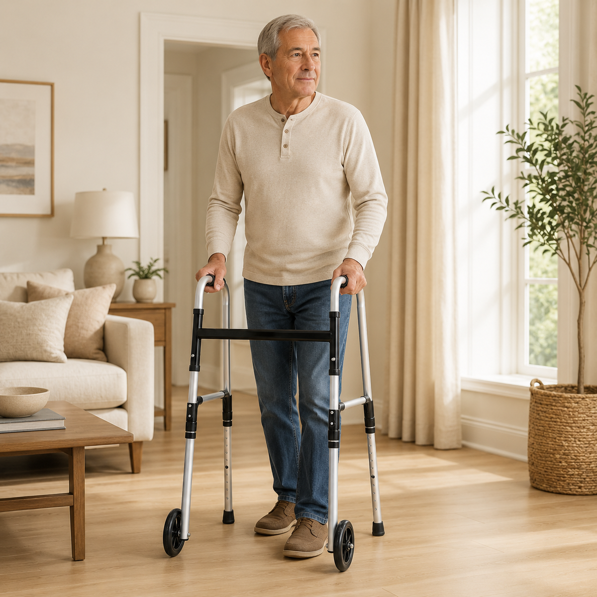 Older man using the DeepTireh DT-M005 foldable 2-wheel walker in a bright home interior