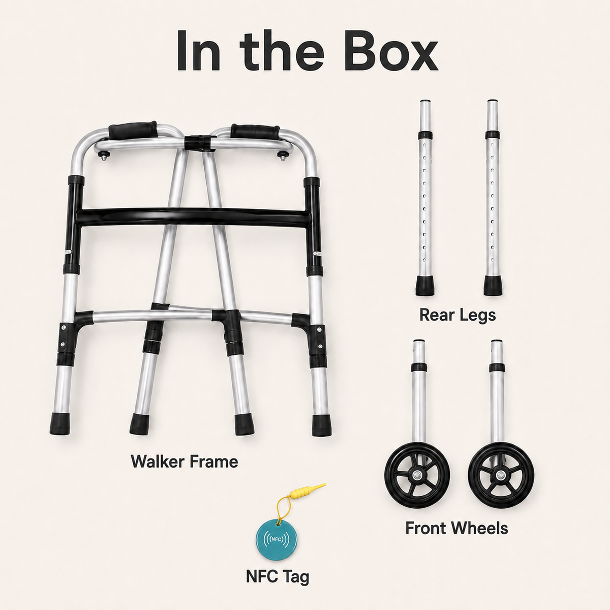 DeepTireh DT-M005 box contents with walker frame, two rear legs, two front wheels, and NFC tag