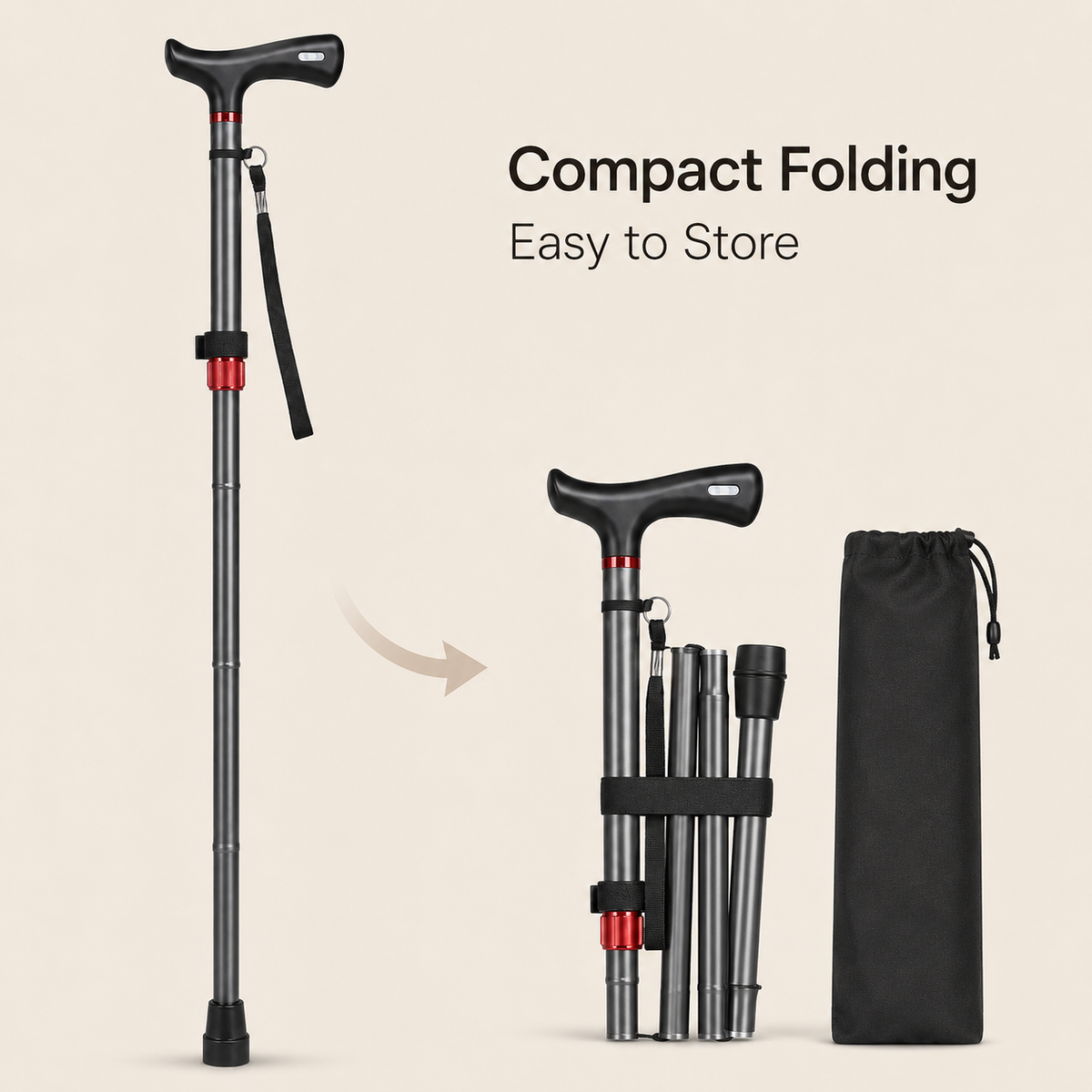 DeepTireh DT-M003 cane shown fully extended and folded beside its storage pouch
