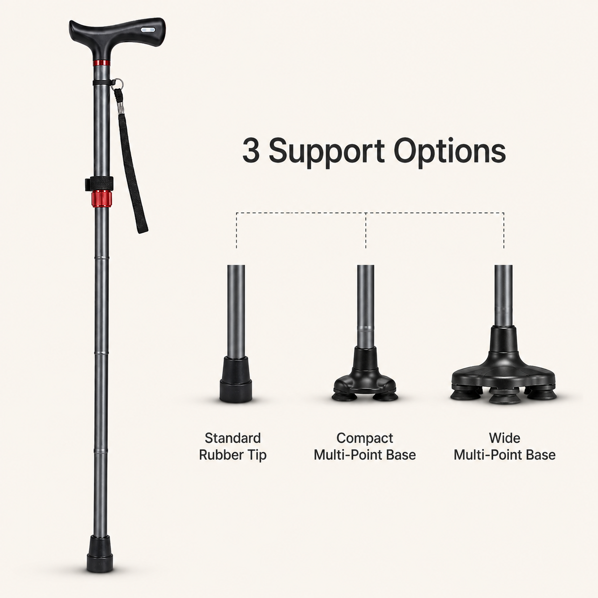 DeepTireh DT-M003 folding cane shown with a standard rubber tip, compact multi-point base, and wide multi-point base