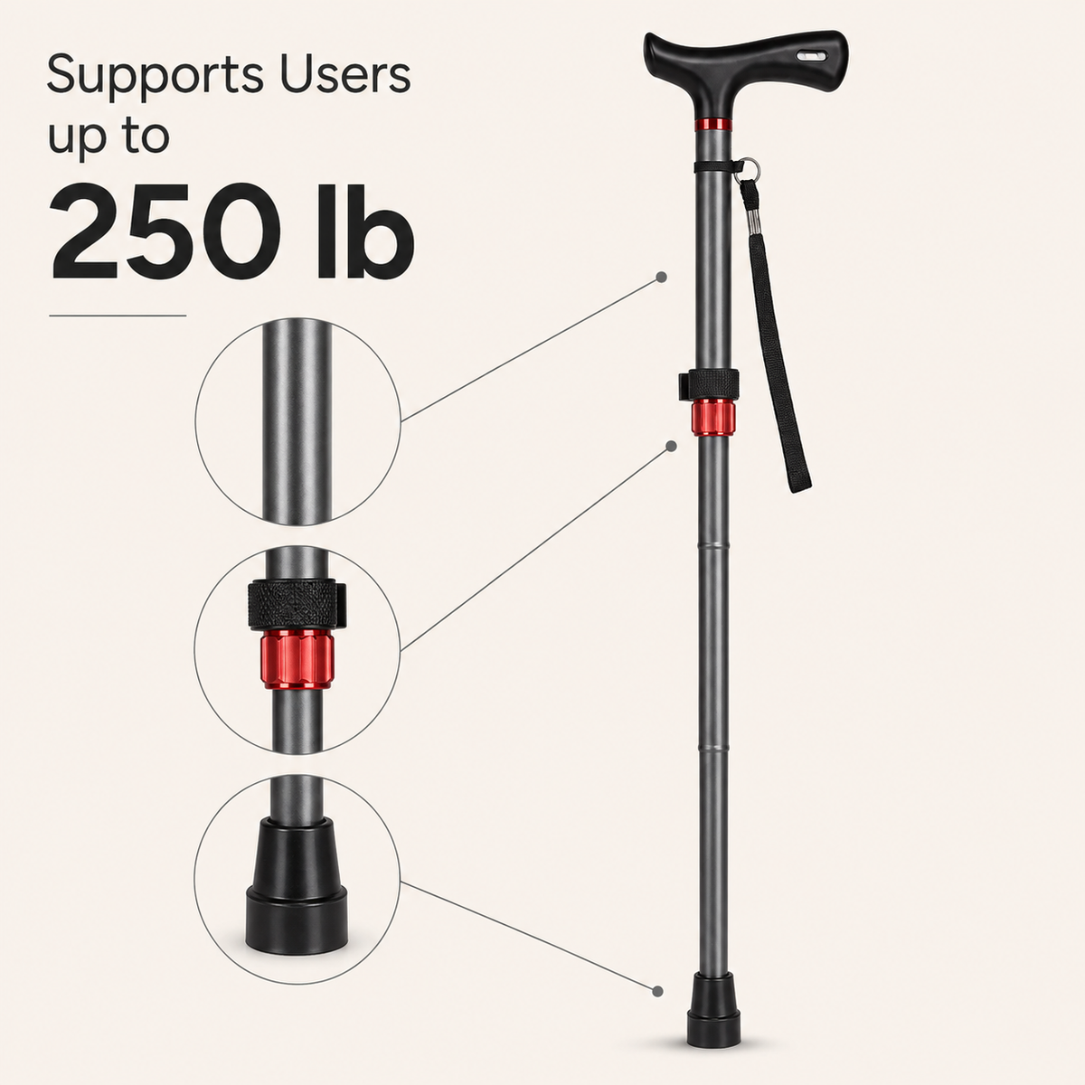 DeepTireh DT-M003 adjustable folding cane with 250 lb user capacity and close-up views of the shaft, locking collar, and rubber tip
