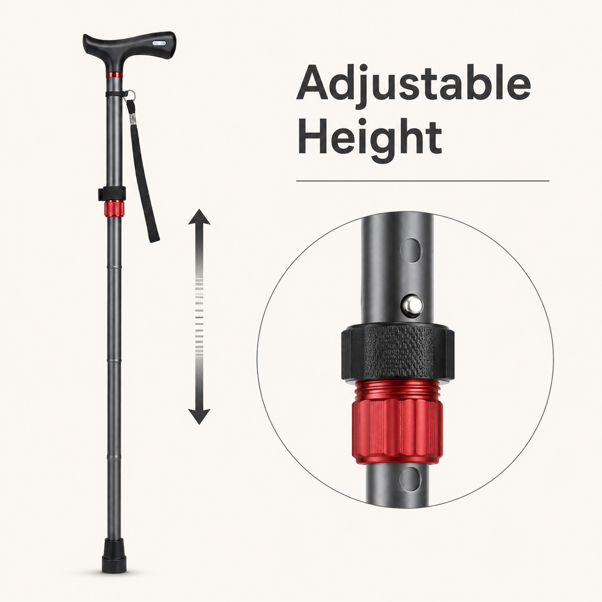 DeepTireh DT-M003 folding cane with adjustable height and close-up of the push-button locking collar