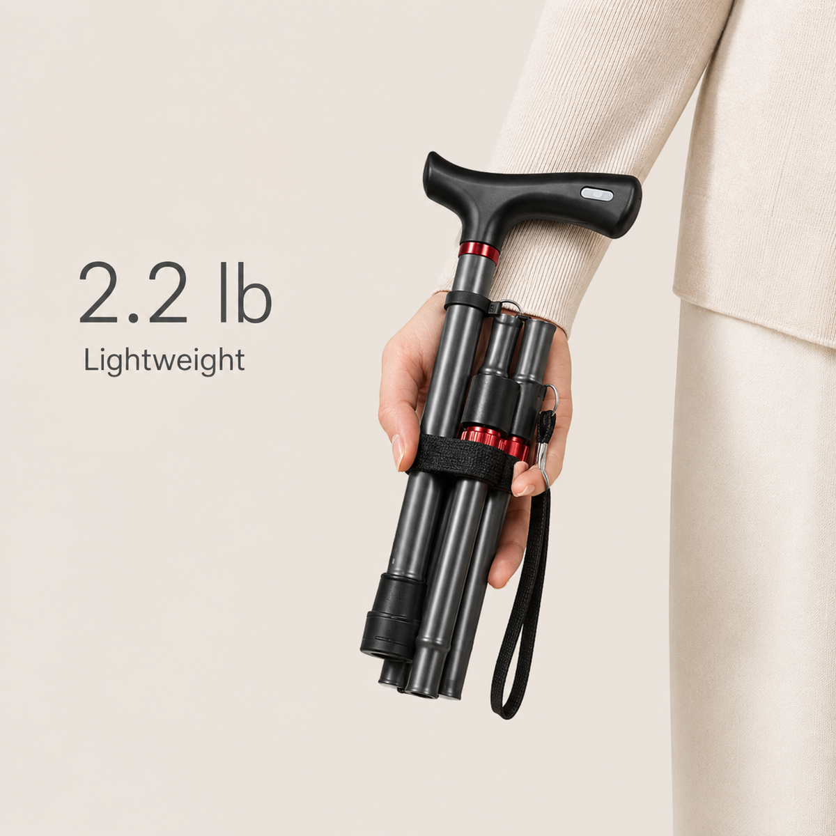 Person holding the folded DeepTireh DT-M003 cane, with 2.2 lb product weight shown