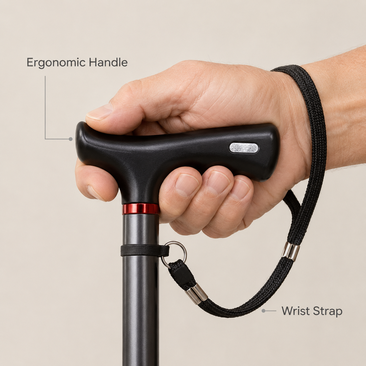 Close-up of the DeepTireh DT-M003 ergonomic handle and wrist strap