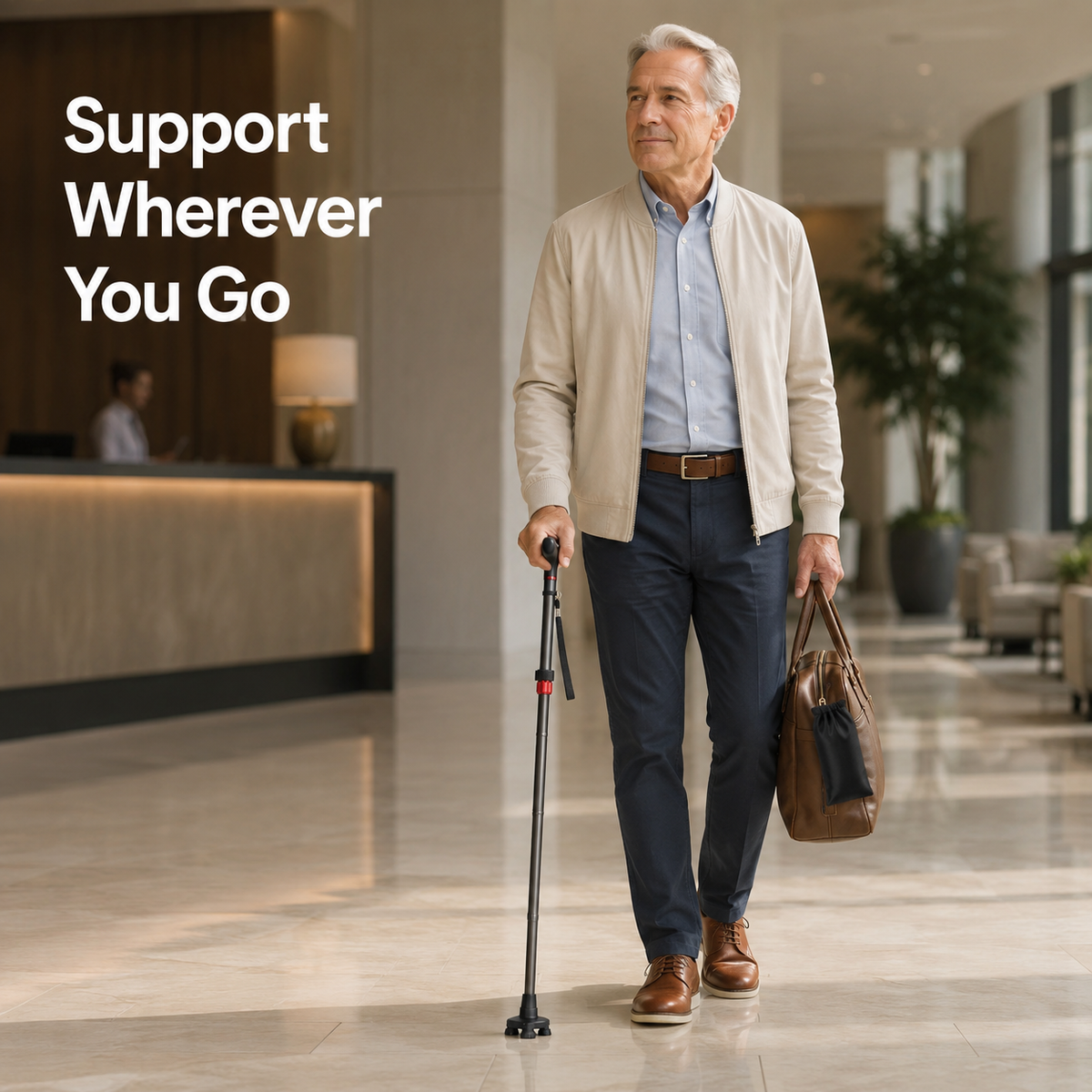 Older man using the DeepTireh DT-M003 folding cane with a compact multi-point base in an indoor lobby