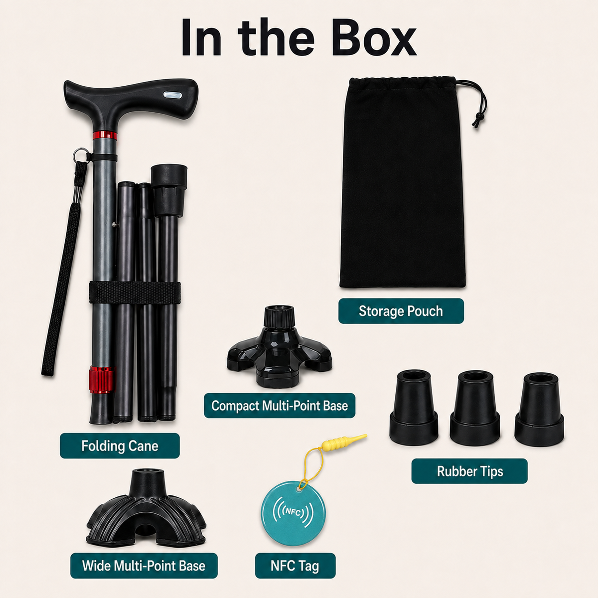 DeepTireh DT-M003 box contents with folding cane, storage pouch, two multi-point bases, three rubber tips, and NFC tag