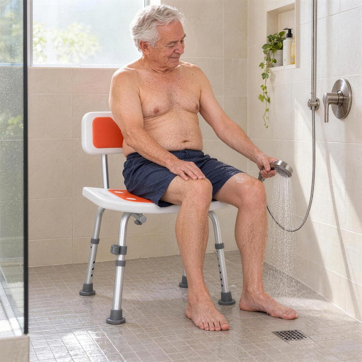 Older man holding a handheld showerhead while seated on a DeepTireh HY3412L shower chair in a walk-in shower