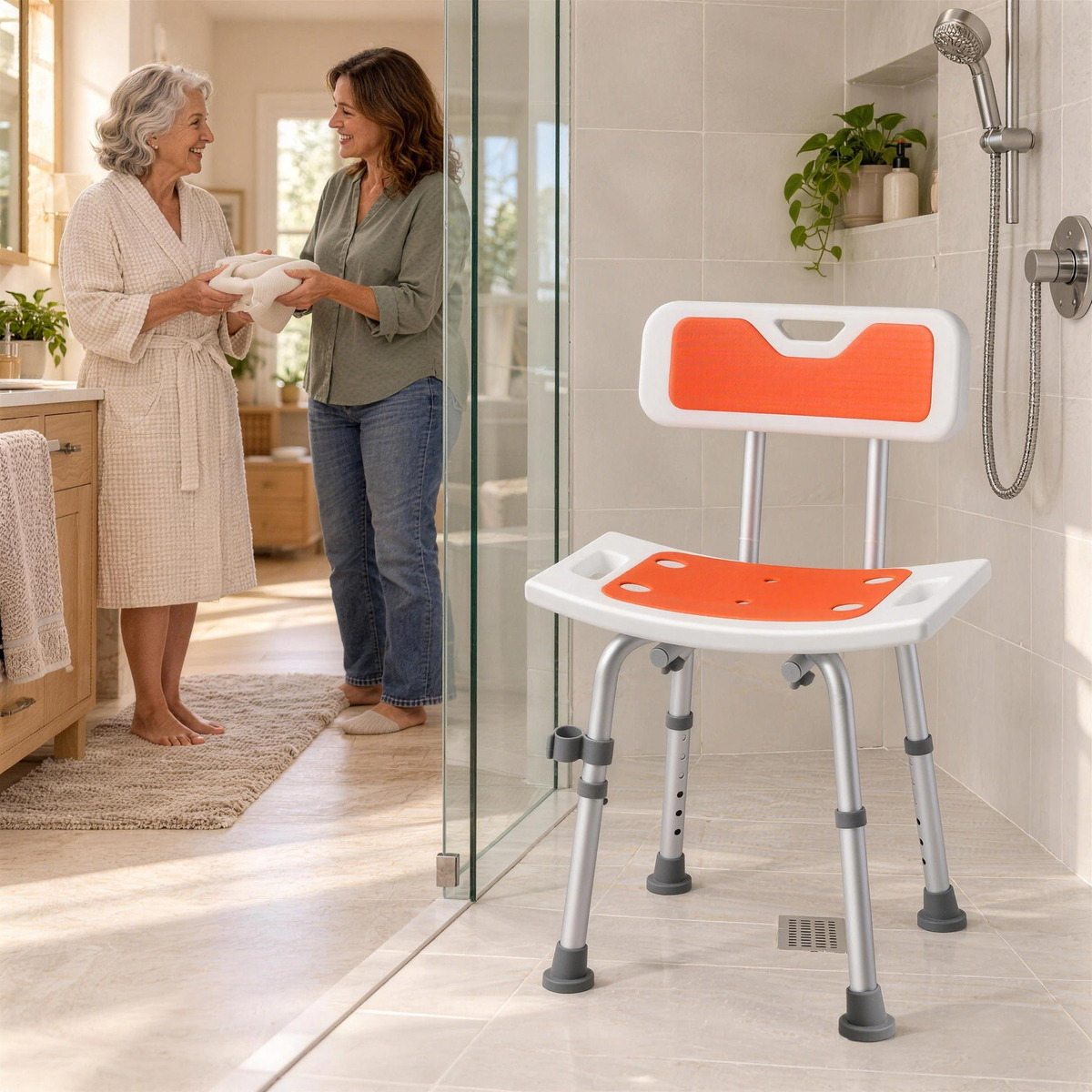 DeepTireh HY3412L shower chair in a walk-in shower with an older woman and a younger woman standing nearby