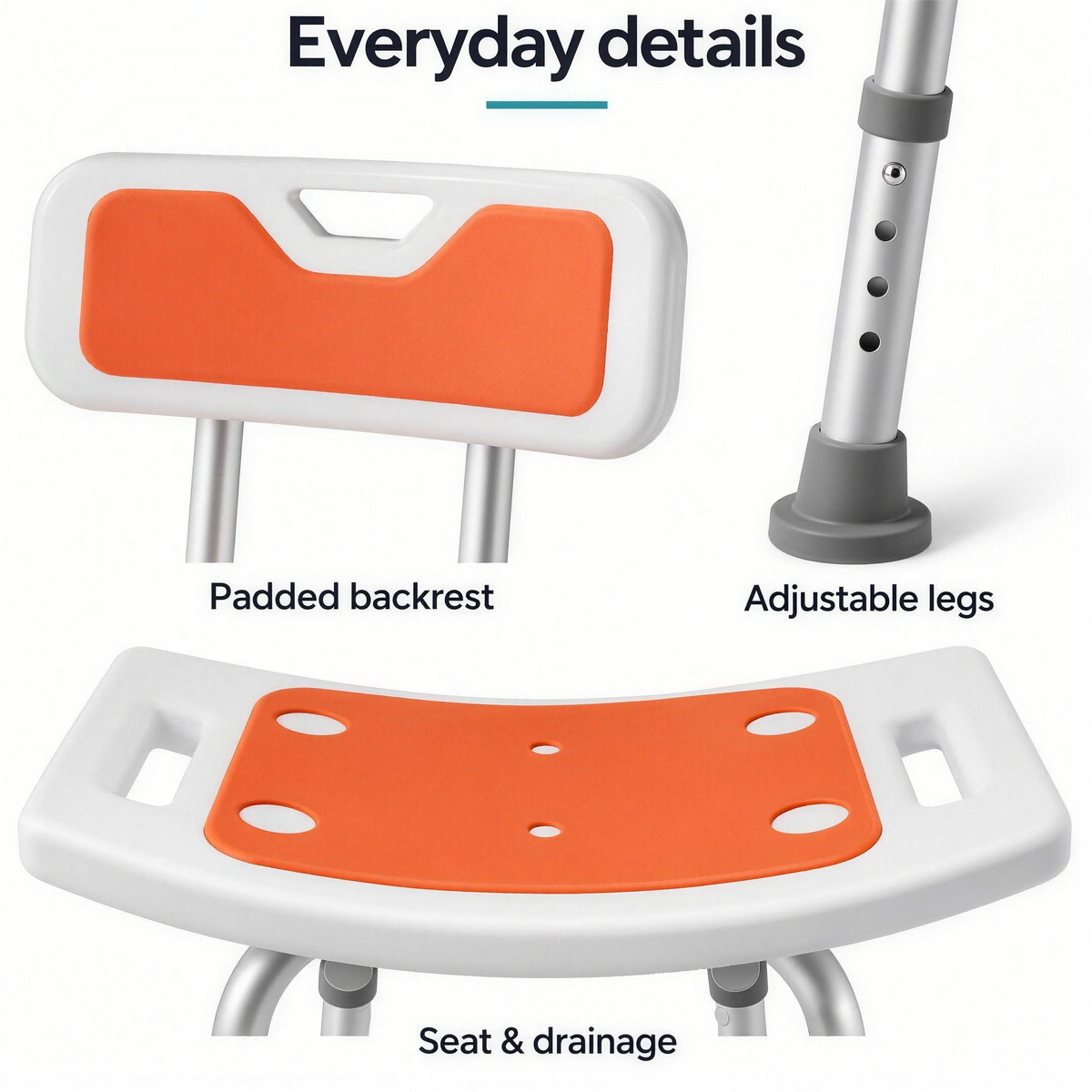 Close-ups of the DeepTireh HY3412L padded backrest, adjustable legs and seat with drainage holes
