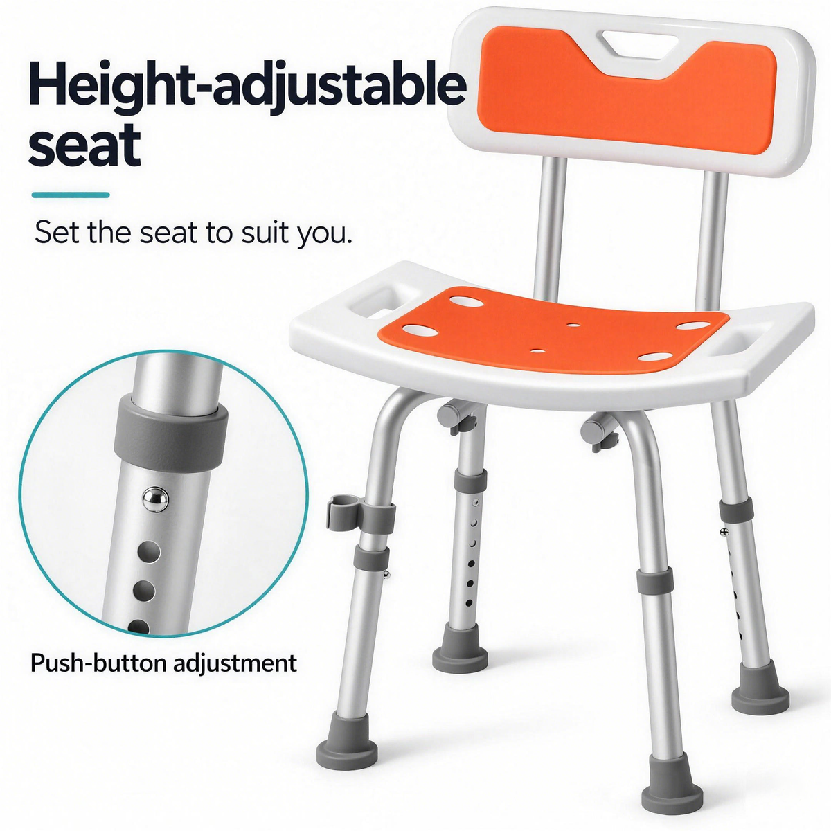 DeepTireh HY3412L shower chair with a close-up of the push-button leg adjustment for changing the seat height