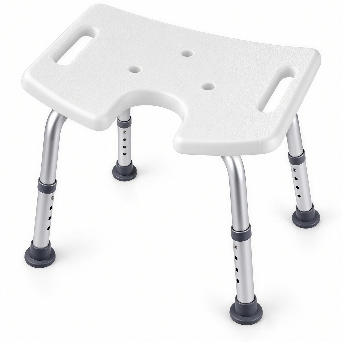 Angled top view of the DeepTireh HY3414L shower stool showing the front cutout, seat drainage holes and side handholds