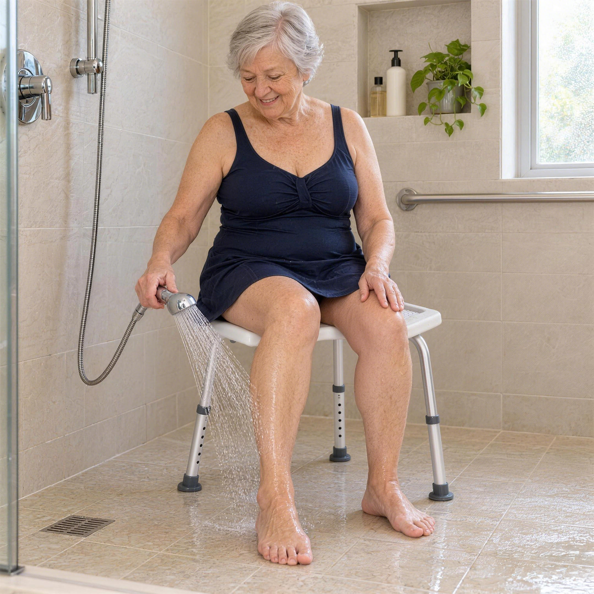 Older woman seated on a DeepTireh HY3414L shower stool while rinsing her leg with a handheld showerhead