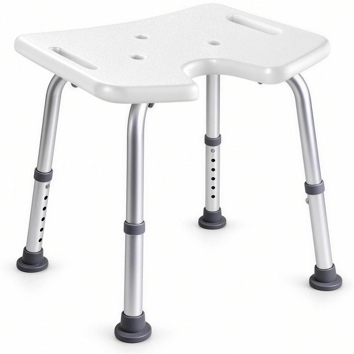 DeepTireh HY3414L shower stool with a white contoured seat, front cutout, side handholds and adjustable aluminum legs