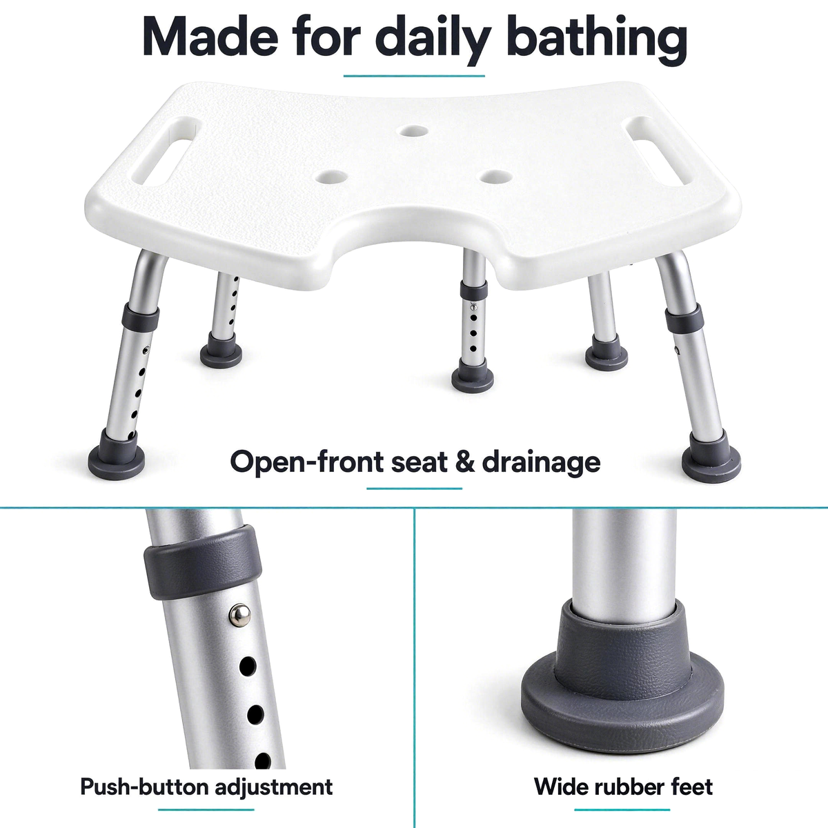 DeepTireh HY3414L shower stool details showing the open-front seat, drainage holes, push-button adjustment and rubber feet