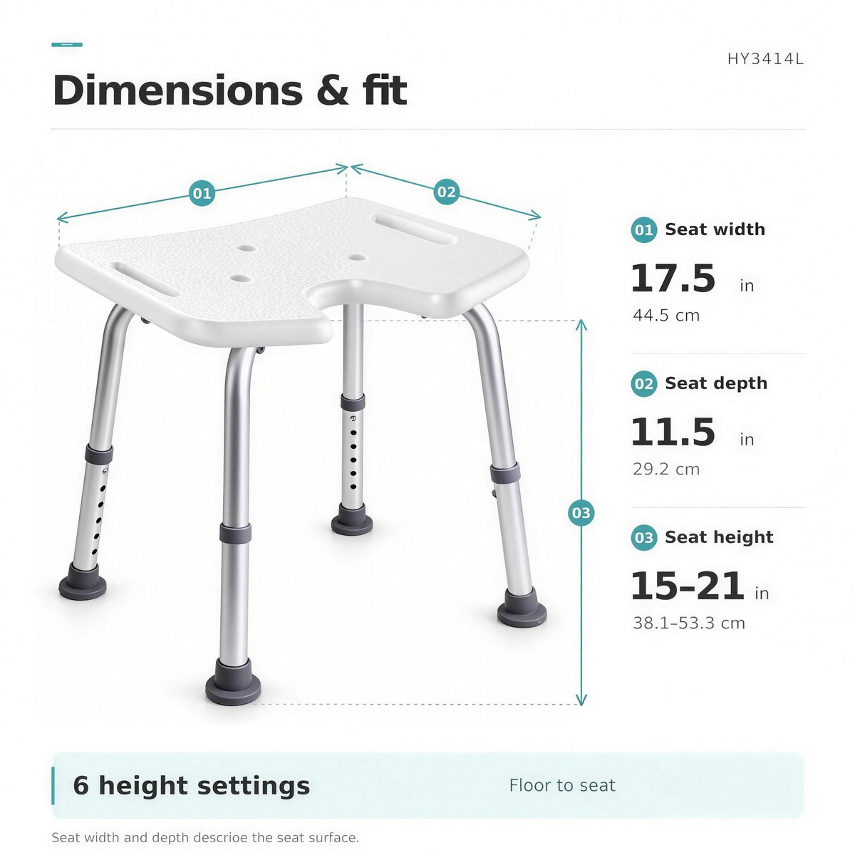 DeepTireh HY3414L size diagram showing a seat 17.5 inches wide and 11.5 inches deep, with adjustable seat height