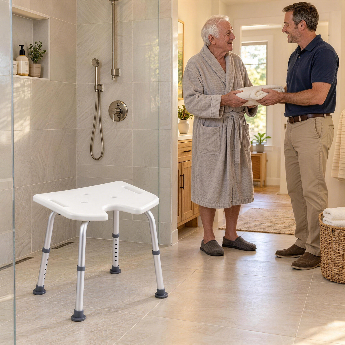 Older man and a younger man holding a towel beside a walk-in shower with a DeepTireh HY3414L shower stool