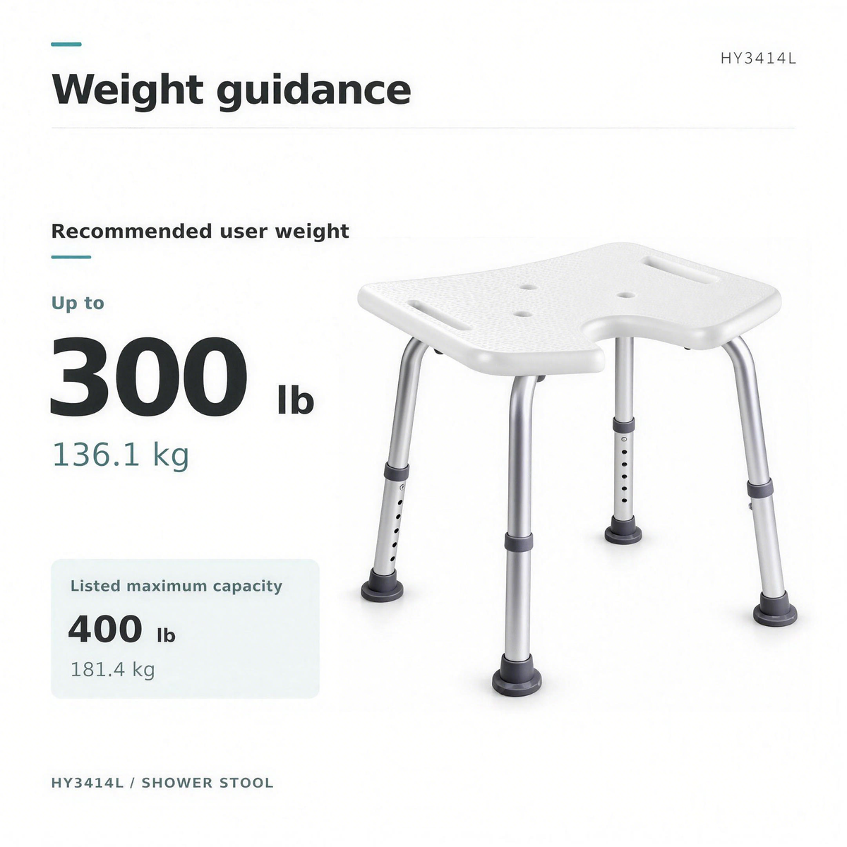 DeepTireh HY3414L shower stool with a chart comparing recommended user weight and listed maximum capacity